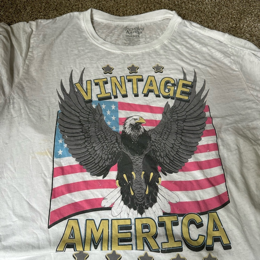 Karma White Graphic Tee with Black Eagle and Red/Blue Flag Print